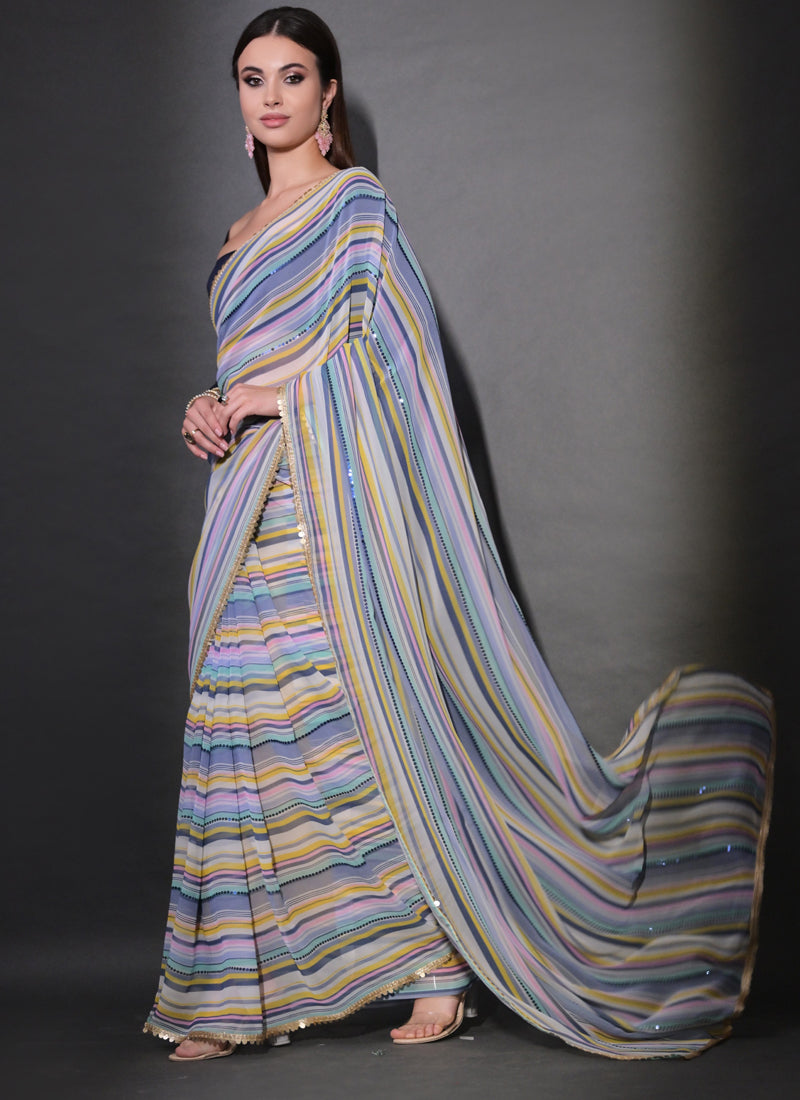 Vegaa Fashion Multicolor Georgette Leriya Print Sequence Saree - Distacart
