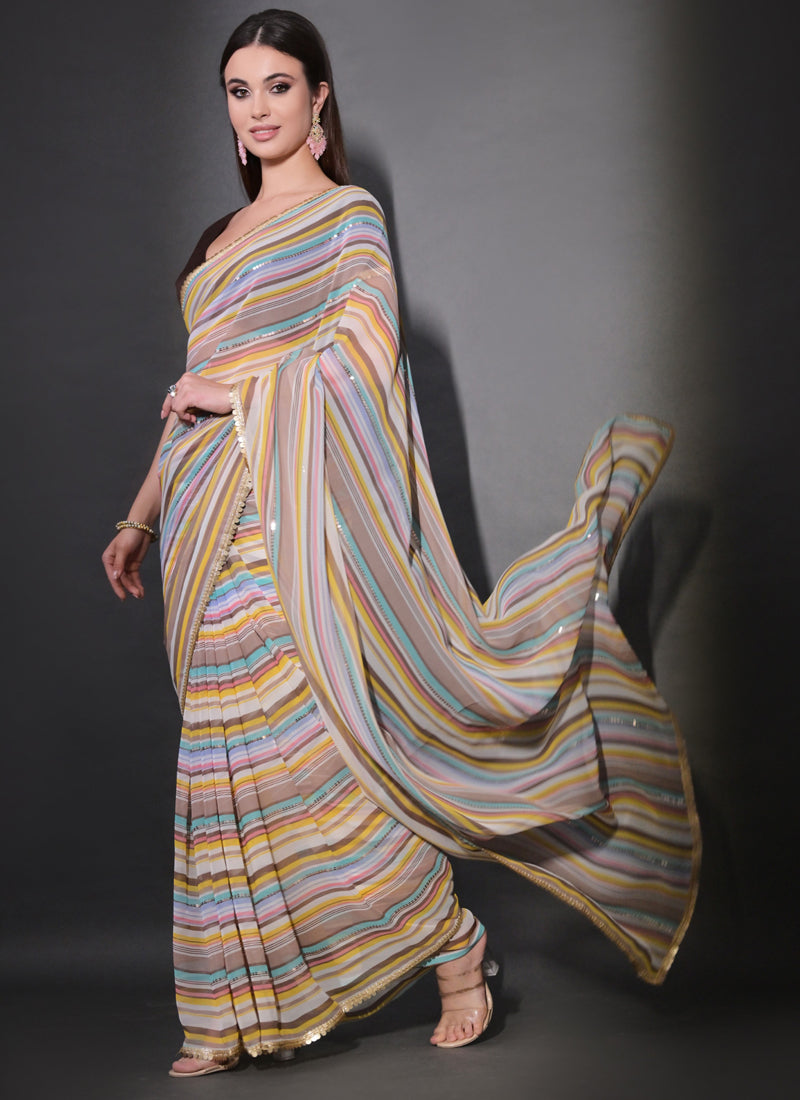Vegaa Fashion Multicolor Georgette Leriya Print Sequence Saree - Distacart