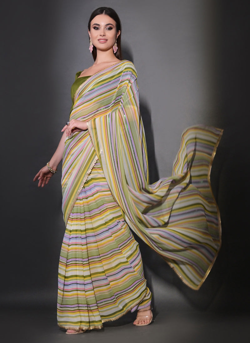 Vegaa Fashion Multicolor Georgette Leriya Print Sequence Saree - Distacart