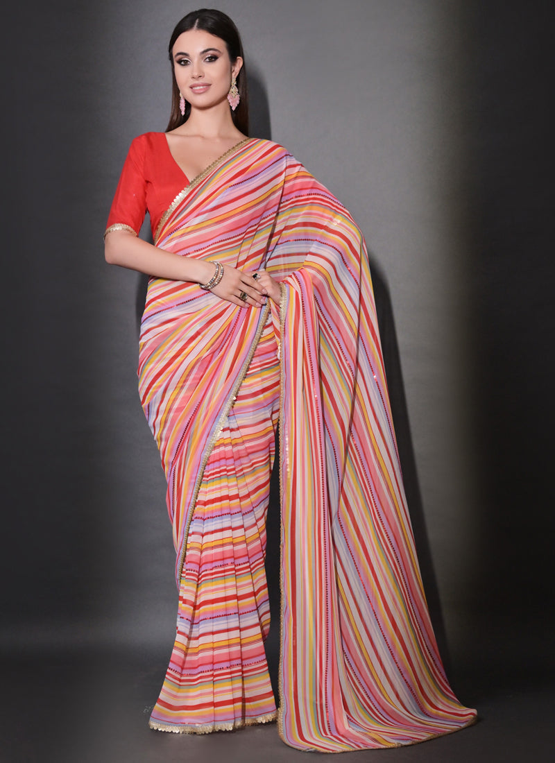 Vegaa Fashion Multicolor Georgette Leriya Print Sequence Saree - Distacart