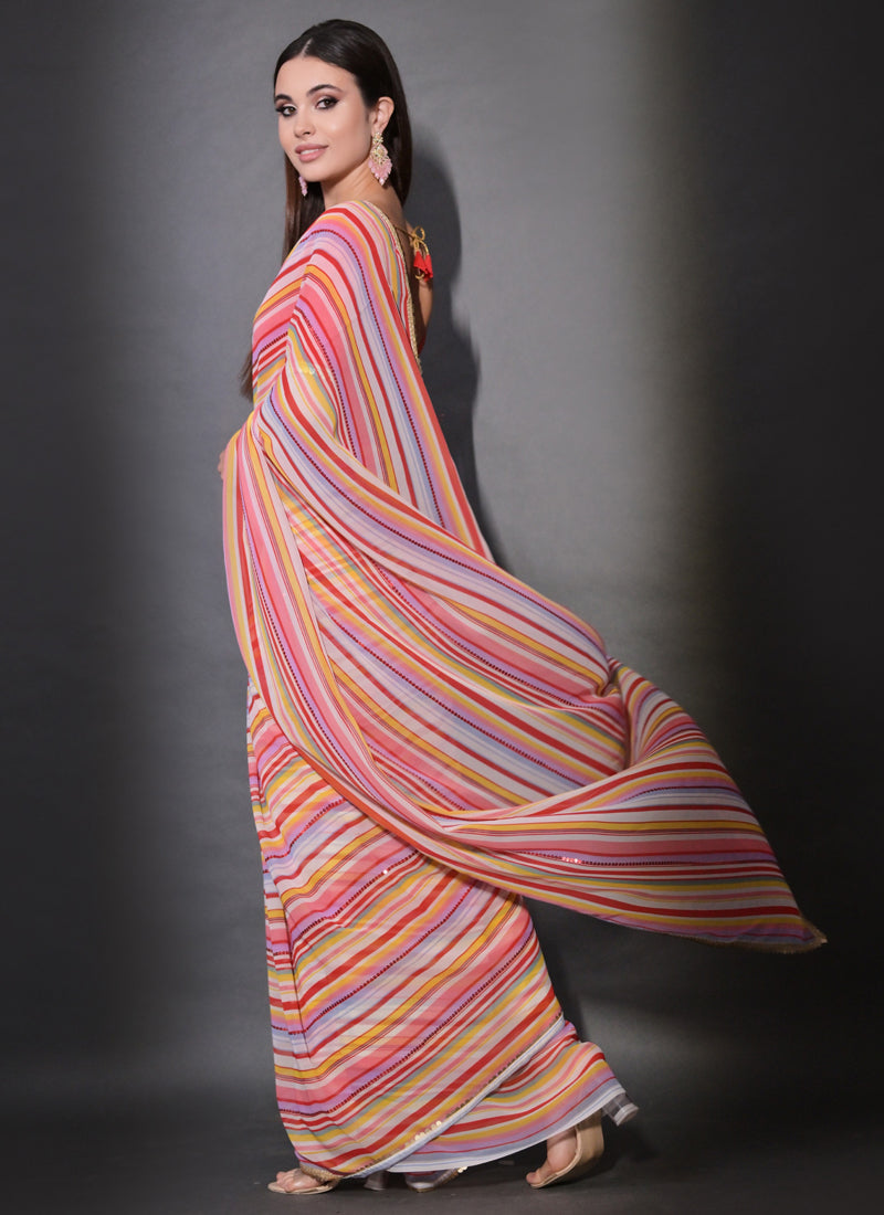 Vegaa Fashion Multicolor Georgette Leriya Print Sequence Saree - Distacart