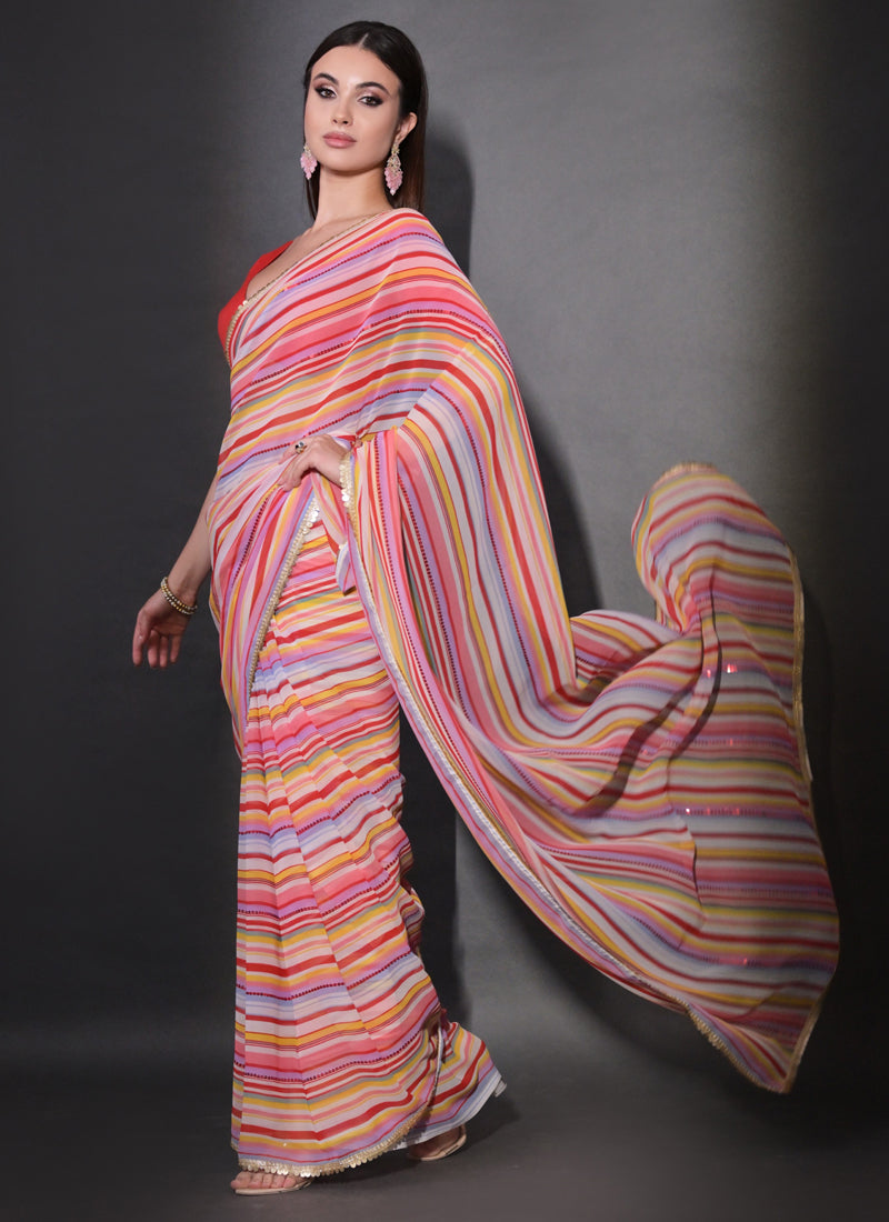 Vegaa Fashion Multicolor Georgette Leriya Print Sequence Saree - Distacart