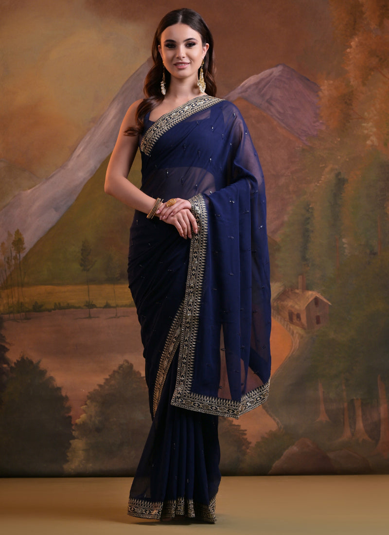 Vegaa Fashion Blue Heavy Georgette Sequence Work Saree - Distacart