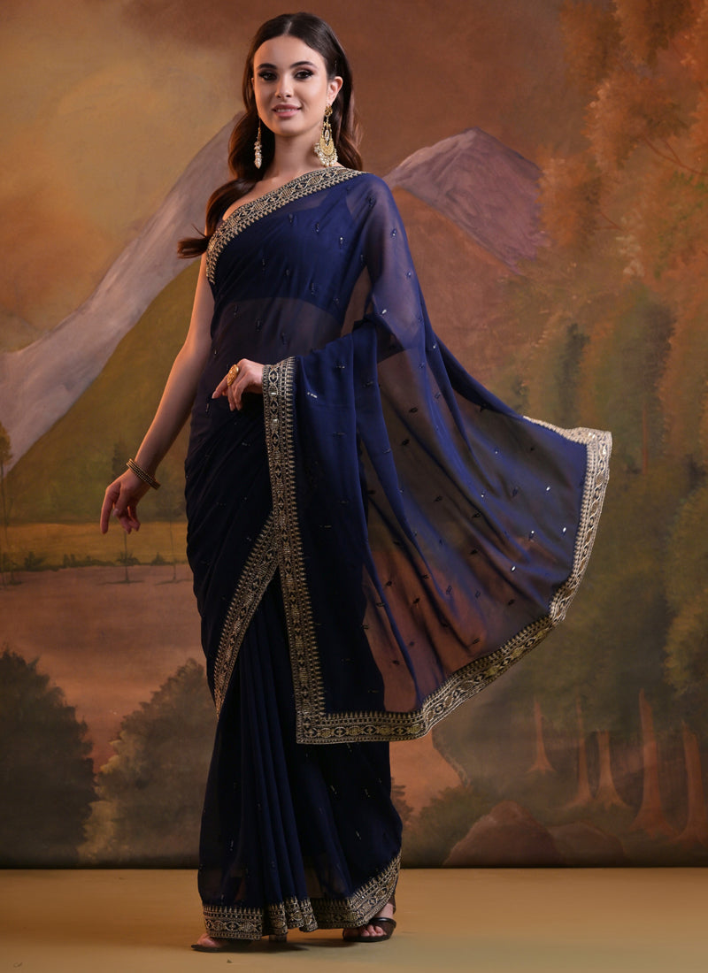 Vegaa Fashion Blue Heavy Georgette Sequence Work Saree - Distacart