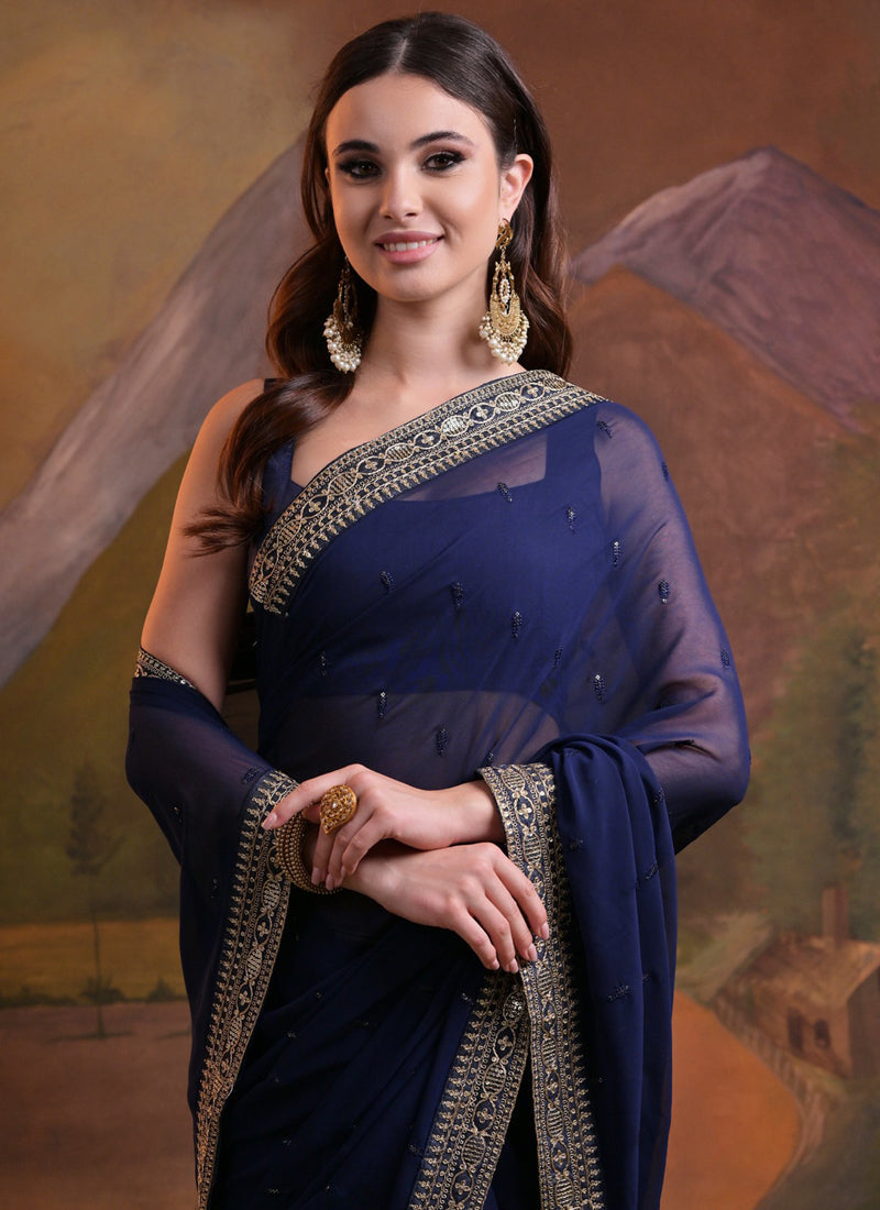 Vegaa Fashion Blue Heavy Georgette Sequence Work Saree - Distacart