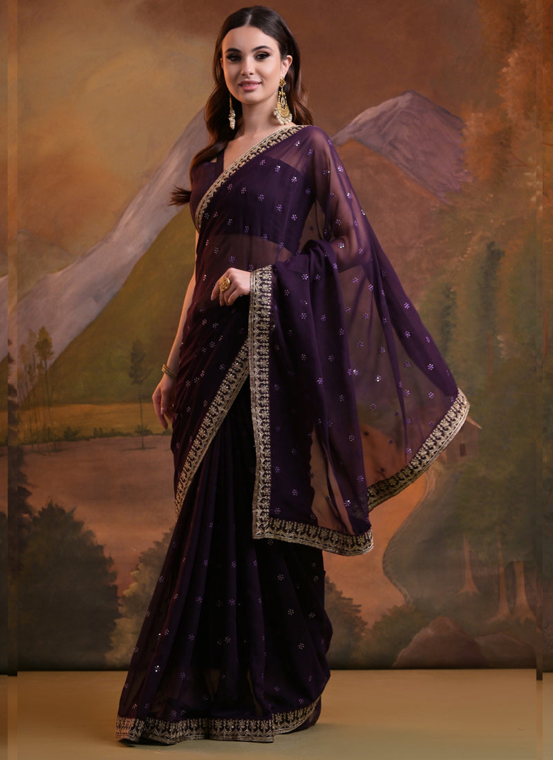 Vegaa Fashion Wine Heavy Georgette Sequence Work Saree - Distacart