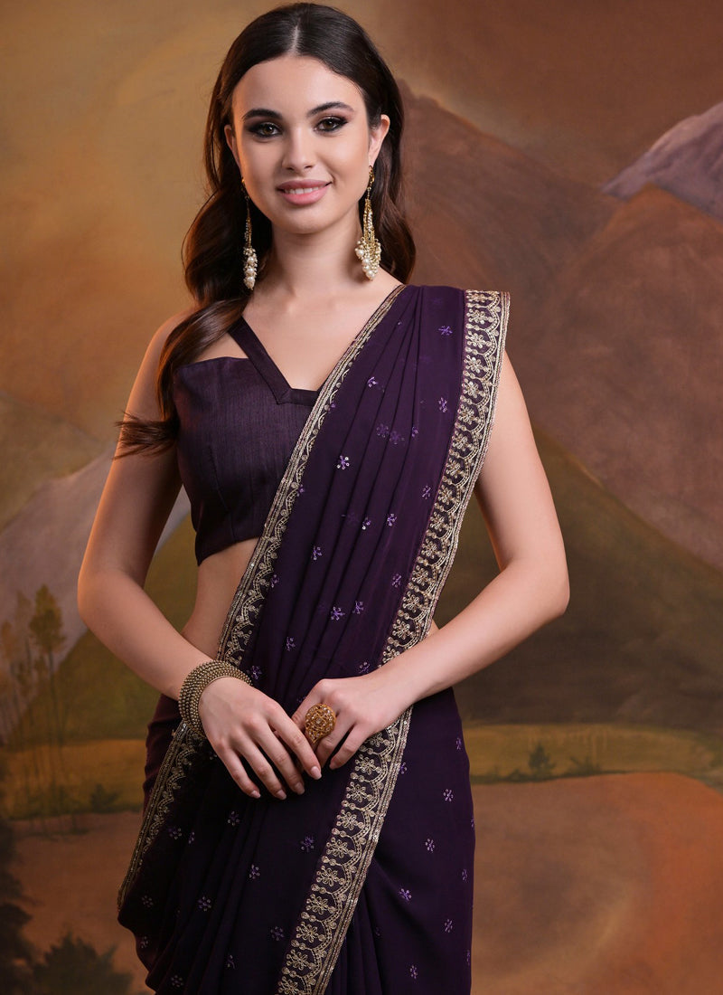Vegaa Fashion Wine Heavy Georgette Sequence Work Saree - Distacart