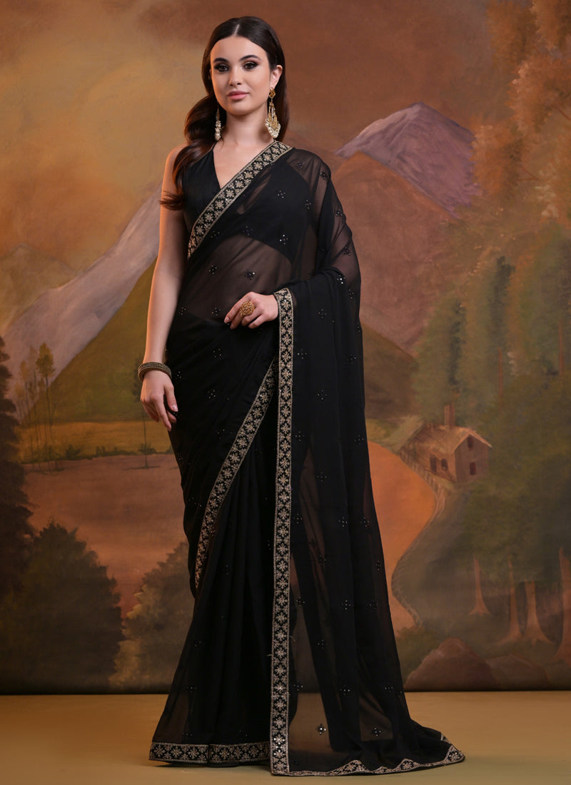 Vegaa Fashion Black Heavy Georgette Sequence Work Saree - Distacart