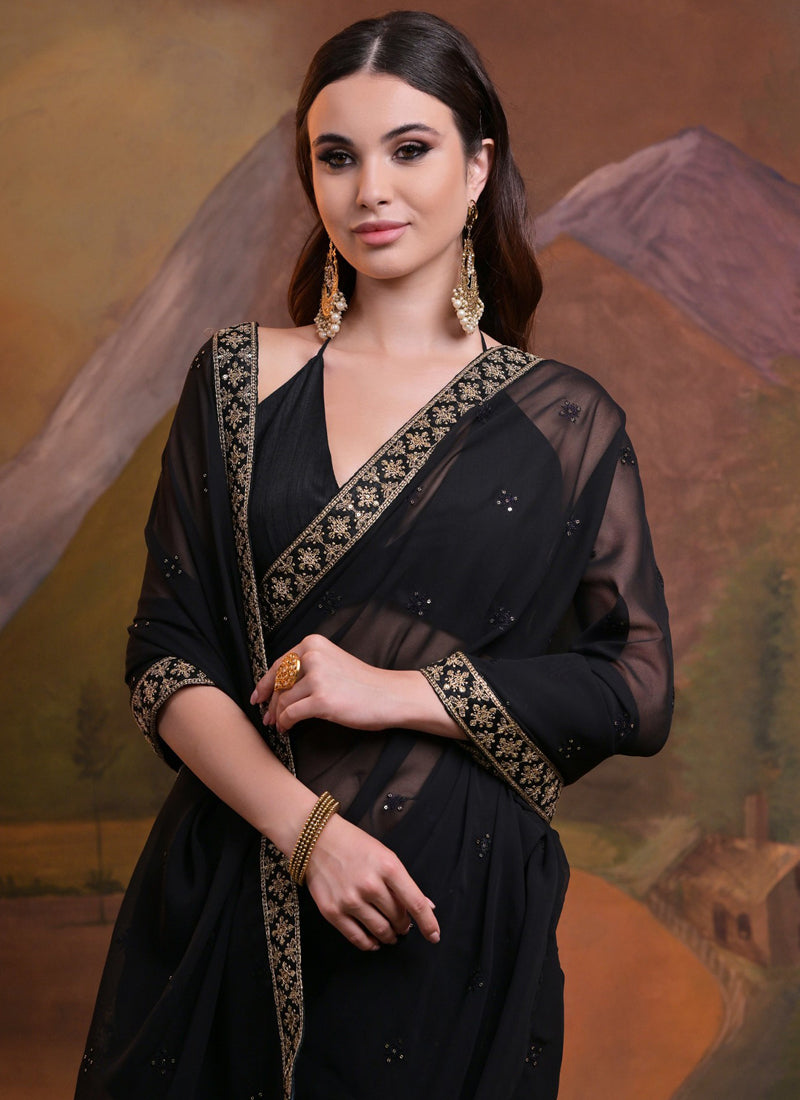 Vegaa Fashion Black Heavy Georgette Sequence Work Saree - Distacart