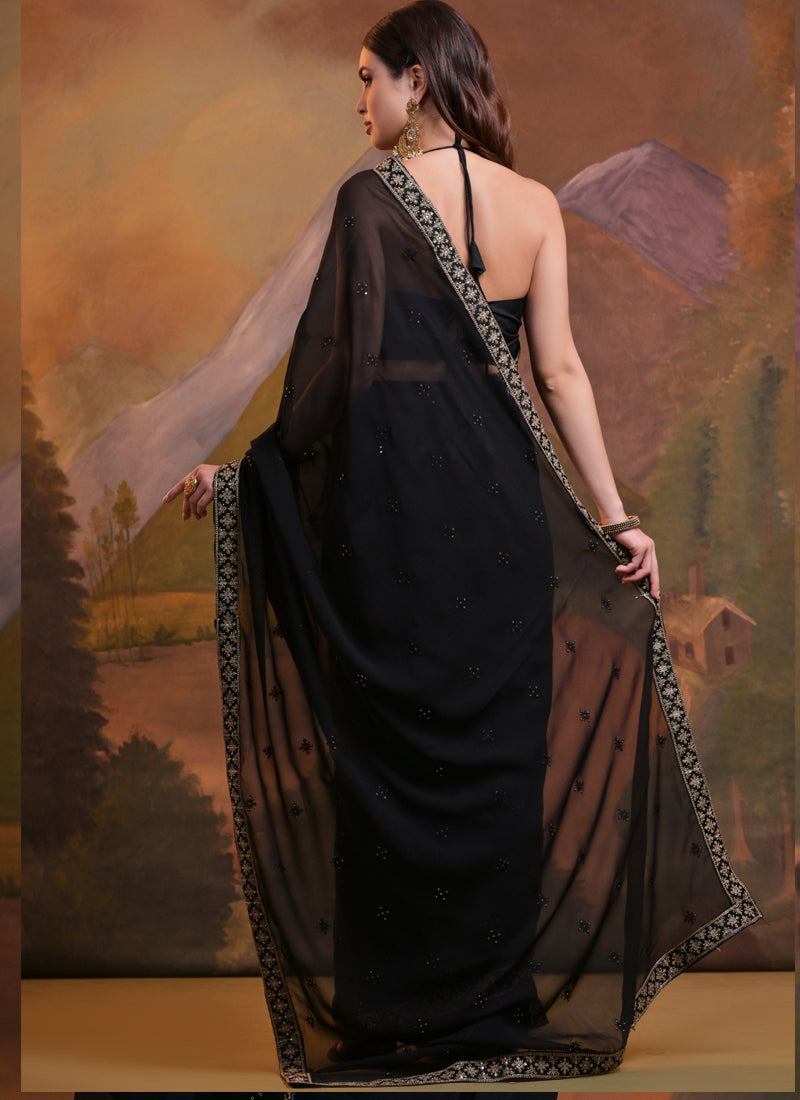 Vegaa Fashion Black Heavy Georgette Sequence Work Saree - Distacart