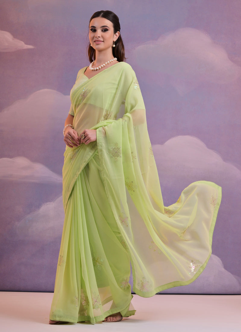 Vegaa Fashion Light Green Georgette Sequence Party Wear Saree - Distacart