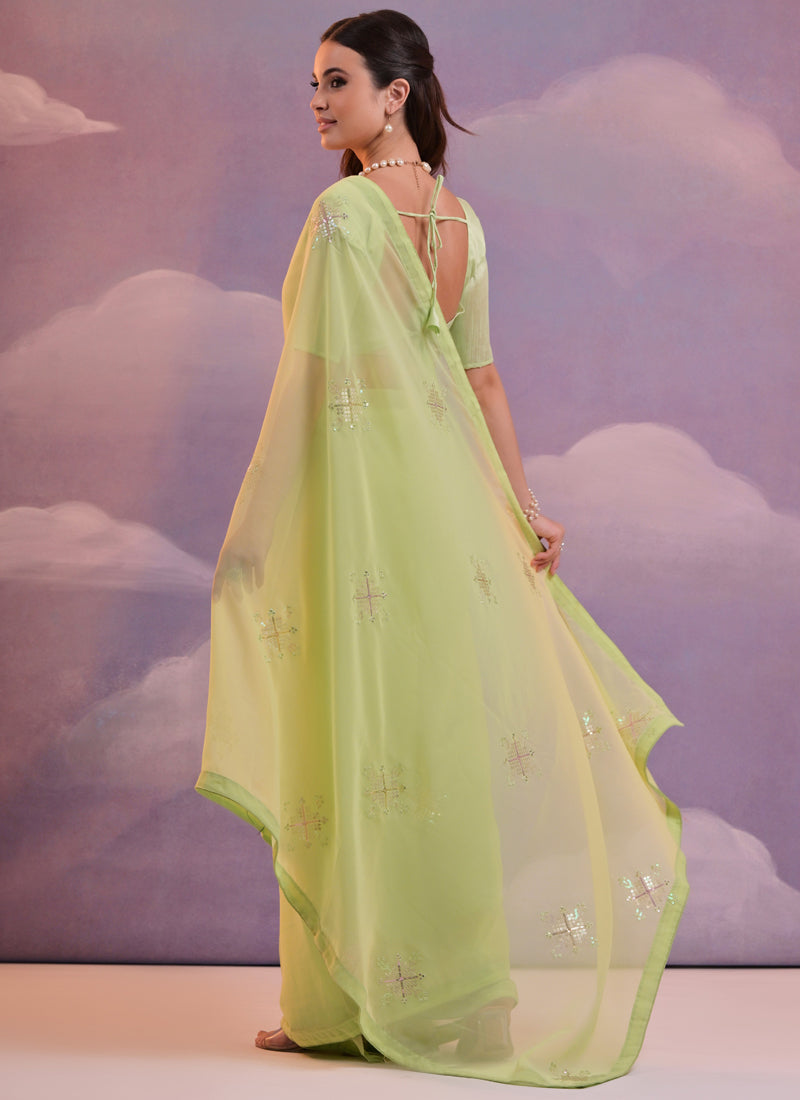 Vegaa Fashion Light Green Georgette Sequence Party Wear Saree - Distacart