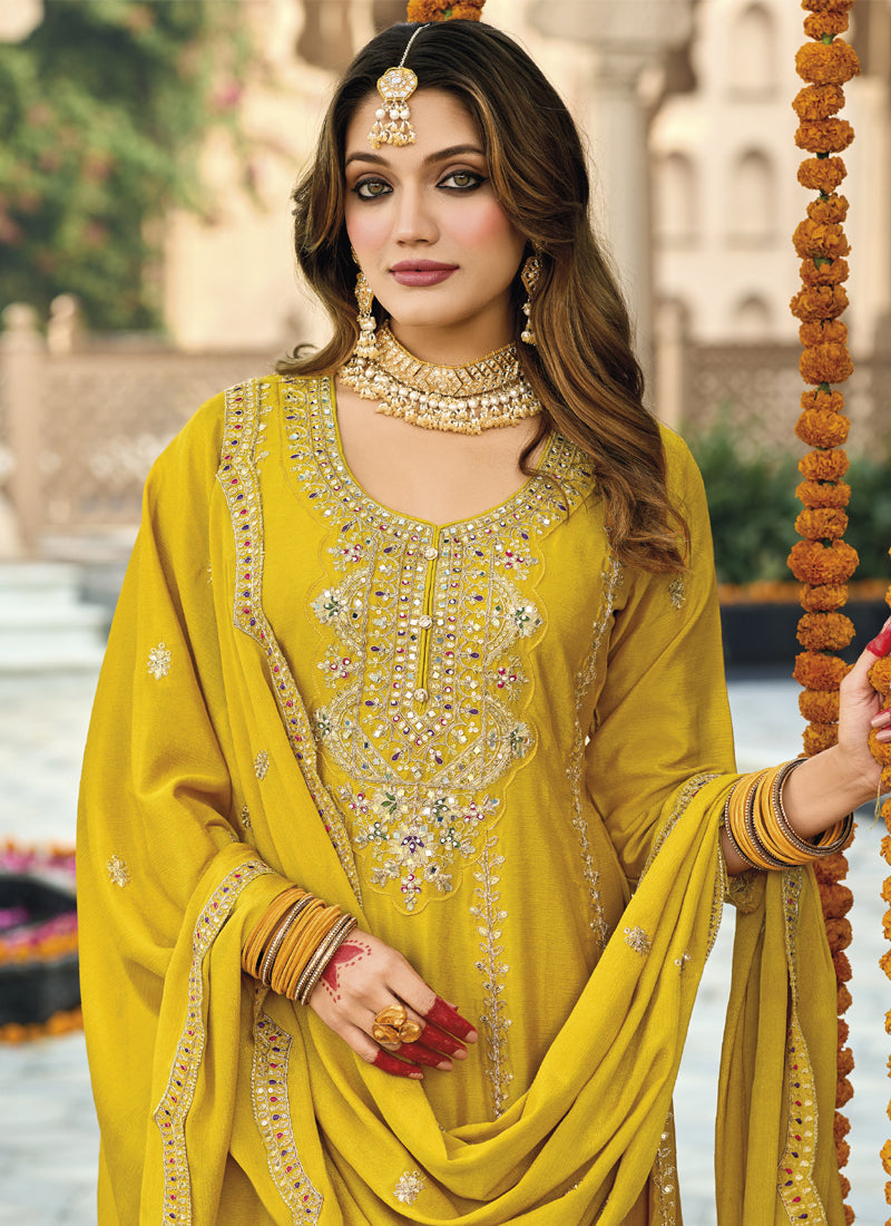 Vegaa Fashion Yellow Chinon Silk Embroidered Designer Palazzo Suit
