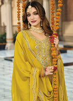 Vegaa Fashion Yellow Chinon Silk Embroidered Designer Palazzo Suit