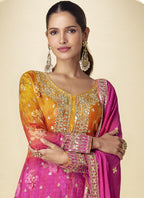 Vegaa Fashion Pink Chinon Silk Digital Print Designer Palazzo Suit
