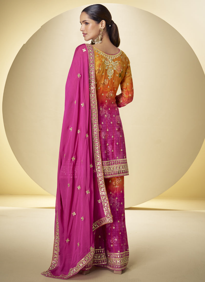 Vegaa Fashion Pink Chinon Silk Digital Print Designer Palazzo Suit