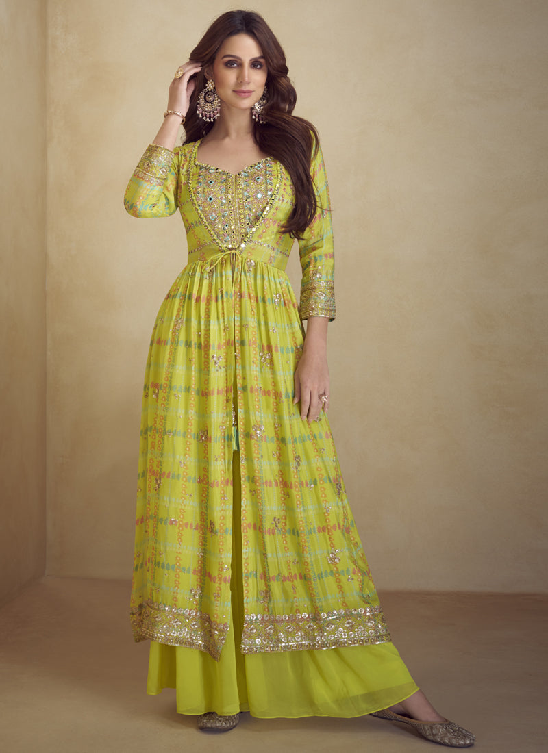 Vegaa Fashion Yellow Chinon Silk Digital Print Western Style Palazzo Suit - Distacart