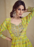 Vegaa Fashion Yellow Chinon Silk Digital Print Western Style Palazzo Suit - Distacart