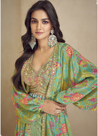 Vegaa Fashion Sea Green Chinon Silk Digital Print Western Style Palazzo Suit