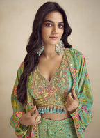 Vegaa Fashion Sea Green Chinon Silk Digital Print Western Style Palazzo Suit