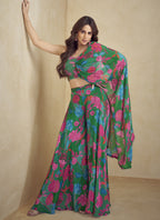 Vegaa Fashion Green Chinon Silk Digital Print Western Style Palazzo Suit