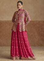 Vegaa Fashion Pink Chinon Silk Embroidered Designer Palazzo Suit - Distacart