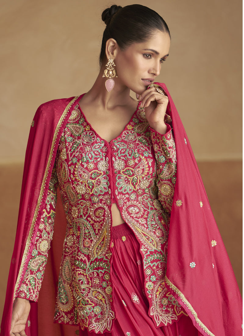Vegaa Fashion Pink Chinon Silk Embroidered Designer Palazzo Suit - Distacart