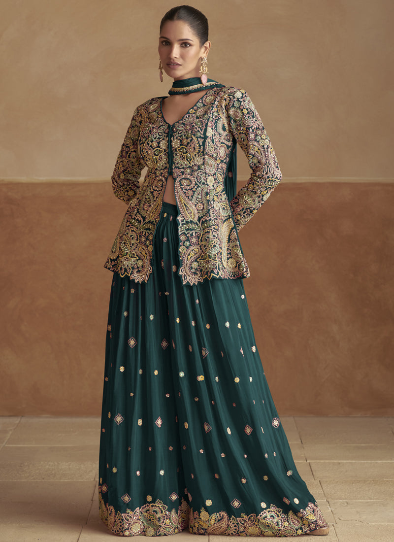 Vegaa Fashion Aqua Green Pink Chinon Silk Embroidered Designer Palazzo Suit - Distacart