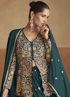 Vegaa Fashion Aqua Green Pink Chinon Silk Embroidered Designer Palazzo Suit - Distacart