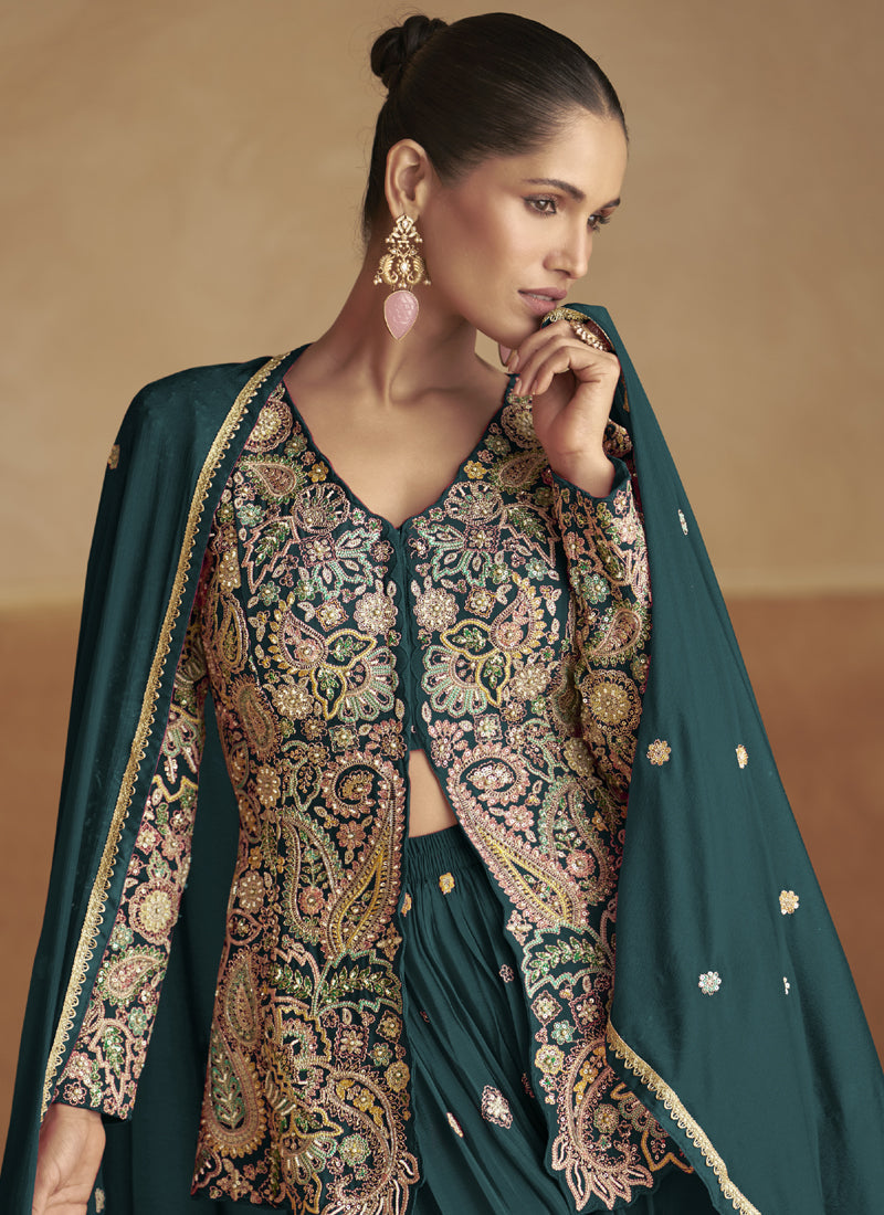 Vegaa Fashion Aqua Green Pink Chinon Silk Embroidered Designer Palazzo Suit - Distacart