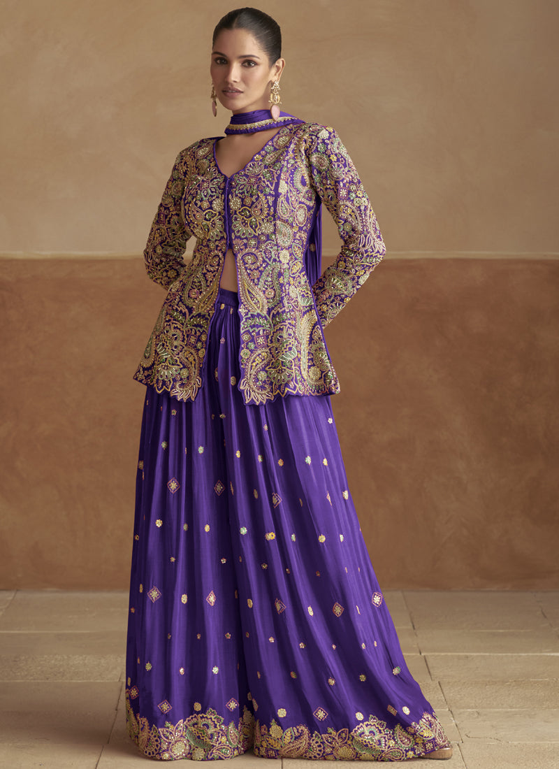Vegaa Fashion Violet Pink Chinon Silk Embroidered Designer Palazzo Suit - Distacart