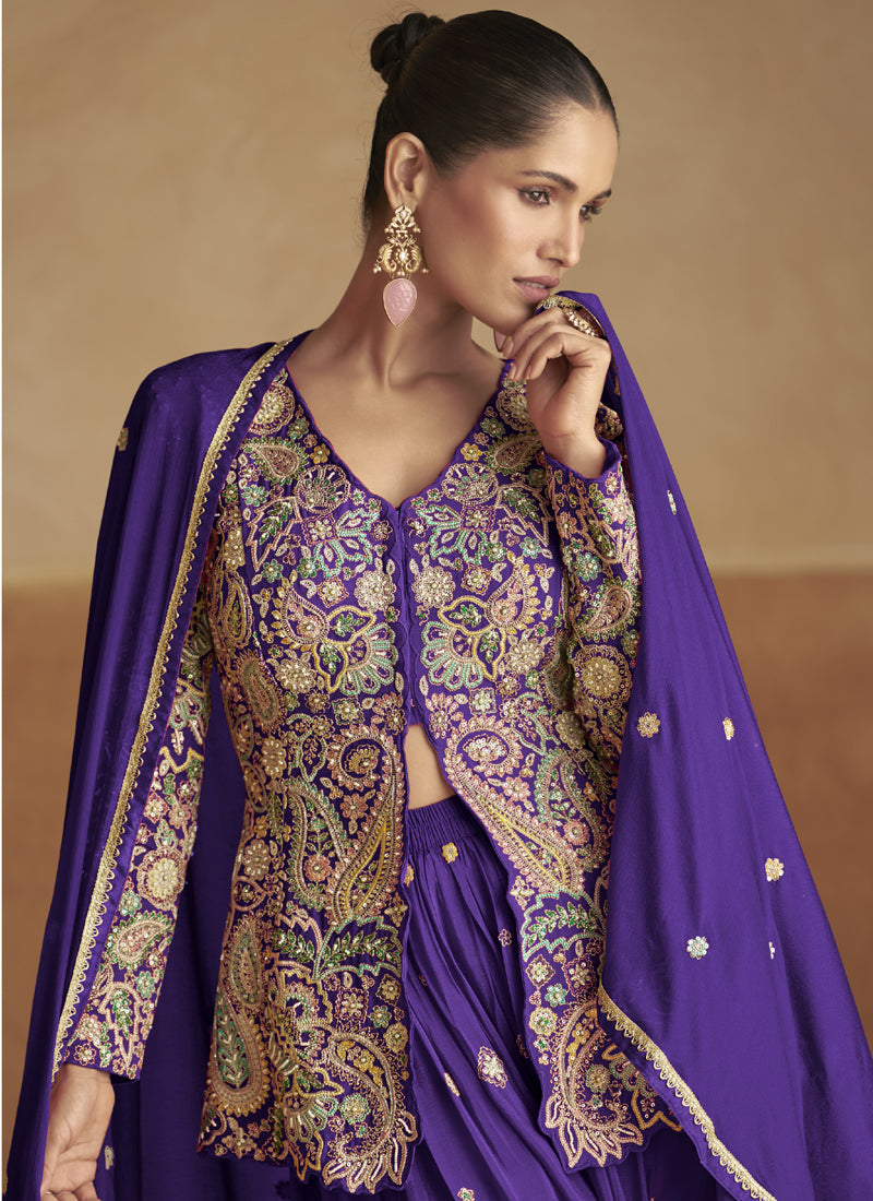 Vegaa Fashion Violet Pink Chinon Silk Embroidered Designer Palazzo Suit - Distacart