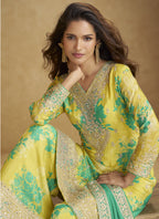 Vegaa Fashion Light Yellow Chinon Silk Digital Print Designer Palazzo Suit