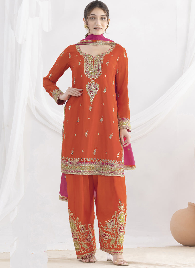 Vegaa Fashion Orange Chinon Silk Embroidered Designer Salwar Suit - Distacart