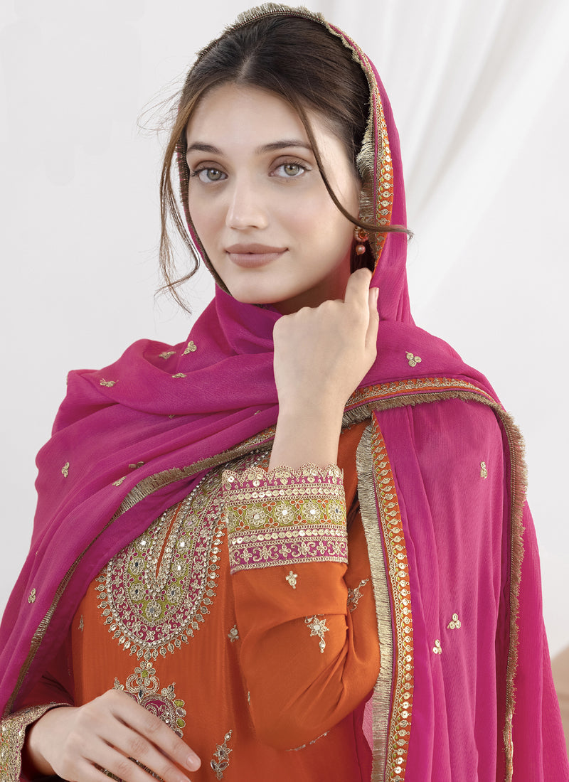 Vegaa Fashion Orange Chinon Silk Embroidered Designer Salwar Suit - Distacart