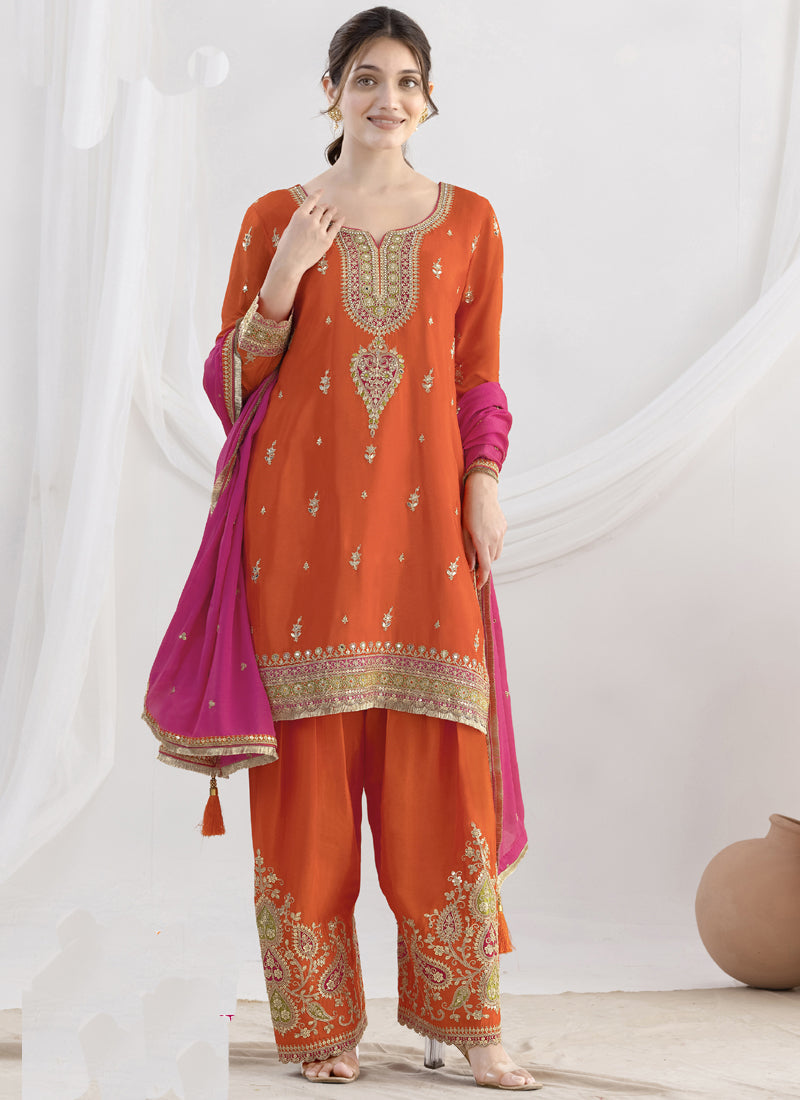 Vegaa Fashion Orange Chinon Silk Embroidered Designer Salwar Suit - Distacart
