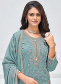 Vegaa Fashion Grey Vichitra Silk Embroidered Palazzo Suit - Distacart