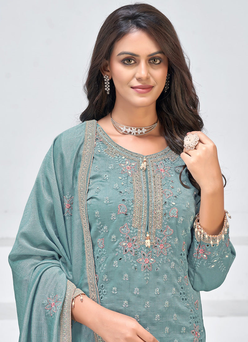 Vegaa Fashion Grey Vichitra Silk Embroidered Palazzo Suit - Distacart