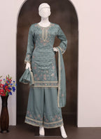 Vegaa Fashion Grey Vichitra Silk Embroidered Palazzo Suit - Distacart