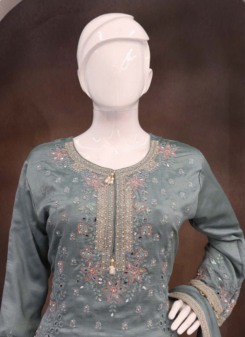 Vegaa Fashion Grey Vichitra Silk Embroidered Palazzo Suit - Distacart