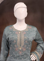 Vegaa Fashion Grey Vichitra Silk Embroidered Palazzo Suit - Distacart