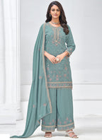 Vegaa Fashion Grey Vichitra Silk Embroidered Palazzo Suit - Distacart