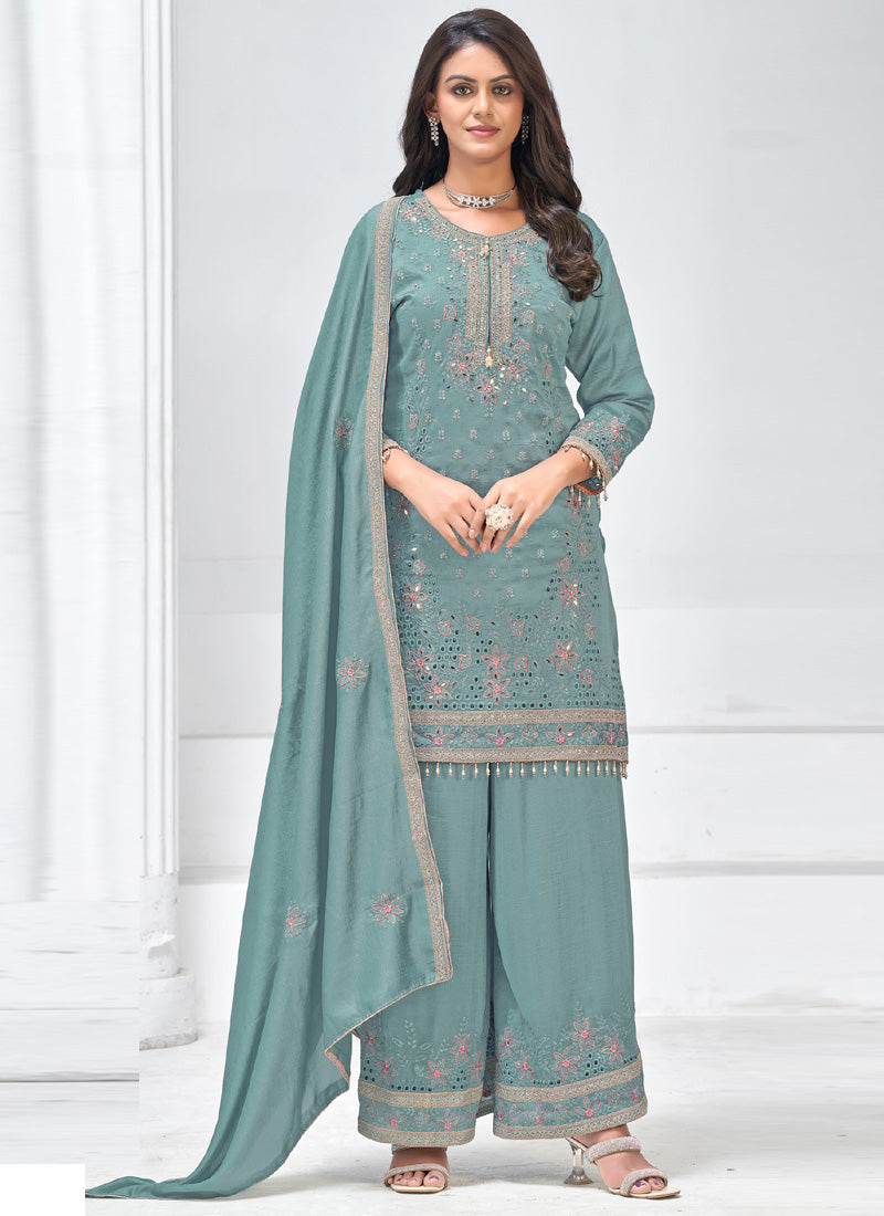 Vegaa Fashion Grey Vichitra Silk Embroidered Palazzo Suit - Distacart