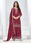 Vegaa Fashion Maroon Vichitra Silk Embroidered Palazzo Suit - Distacart