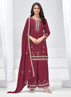 Vegaa Fashion Maroon Vichitra Silk Embroidered Palazzo Suit - Distacart