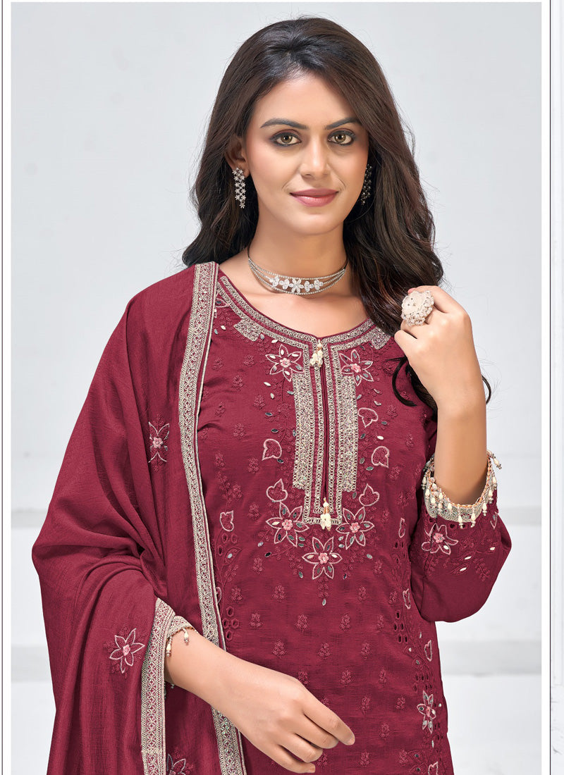 Vegaa Fashion Maroon Vichitra Silk Embroidered Palazzo Suit - Distacart