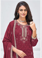 Vegaa Fashion Maroon Vichitra Silk Embroidered Palazzo Suit - Distacart