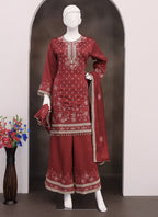 Vegaa Fashion Maroon Vichitra Silk Embroidered Palazzo Suit - Distacart