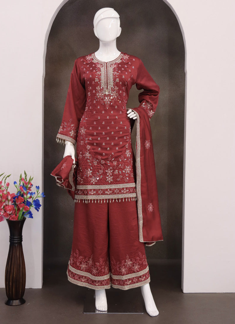 Vegaa Fashion Maroon Vichitra Silk Embroidered Palazzo Suit - Distacart