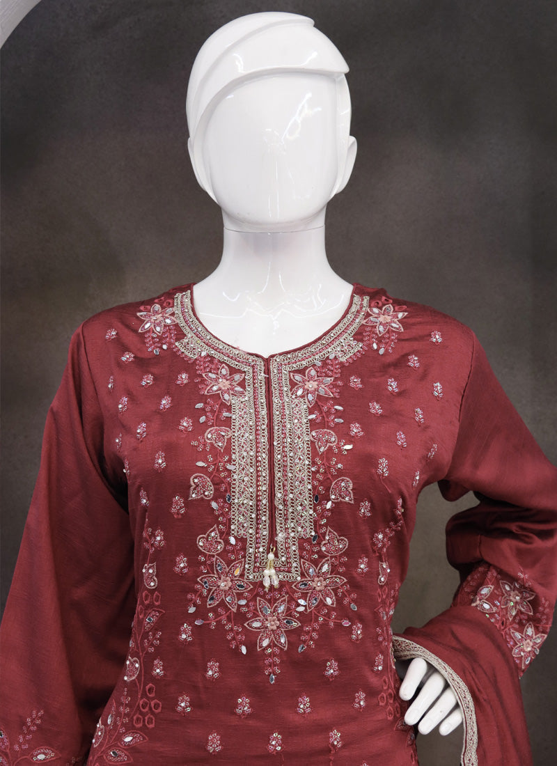 Vegaa Fashion Maroon Vichitra Silk Embroidered Palazzo Suit - Distacart
